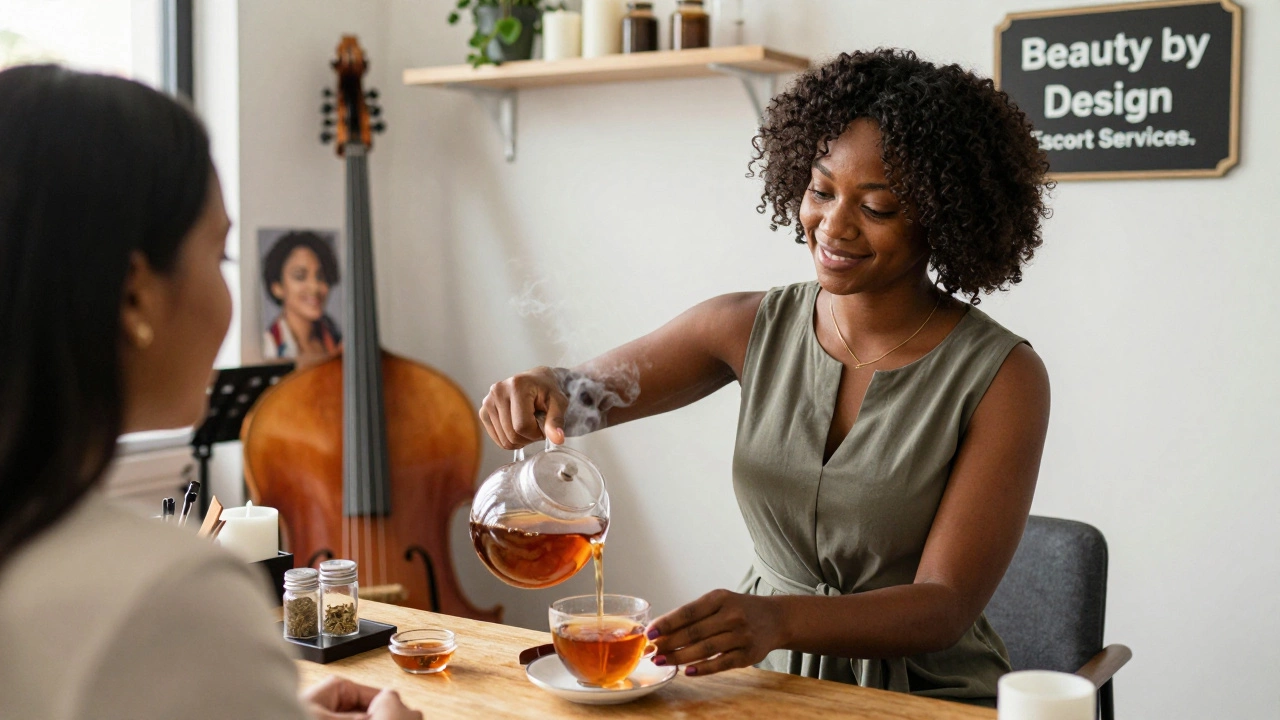 A Blacktina pouring tea in her own salon, embodying peace and self-made success.