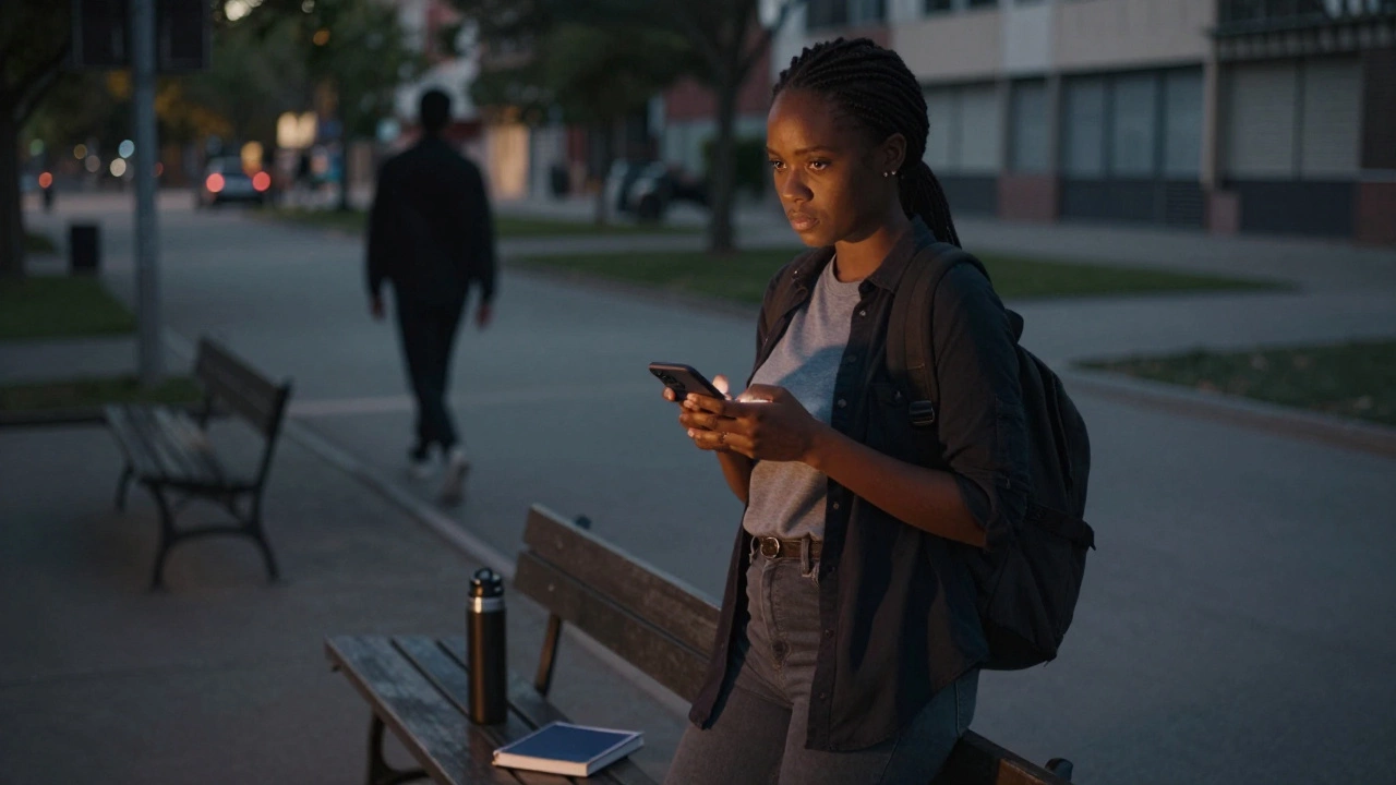 A Blacktina standing in a park, blocking a client, surrounded by quiet strength.