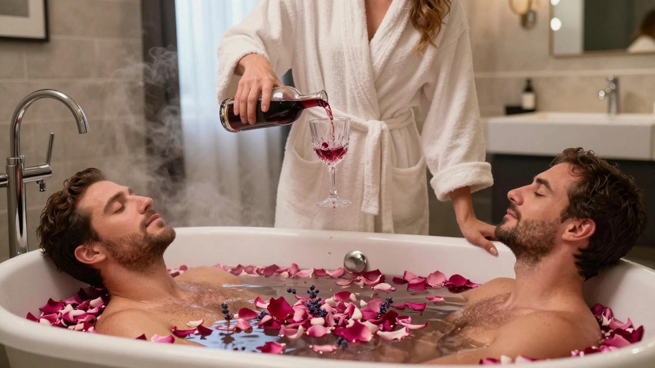 A man relaxes in a lavender-scented bath as a woman pours wine nearby, emphasizing calm and therapeutic touch.
