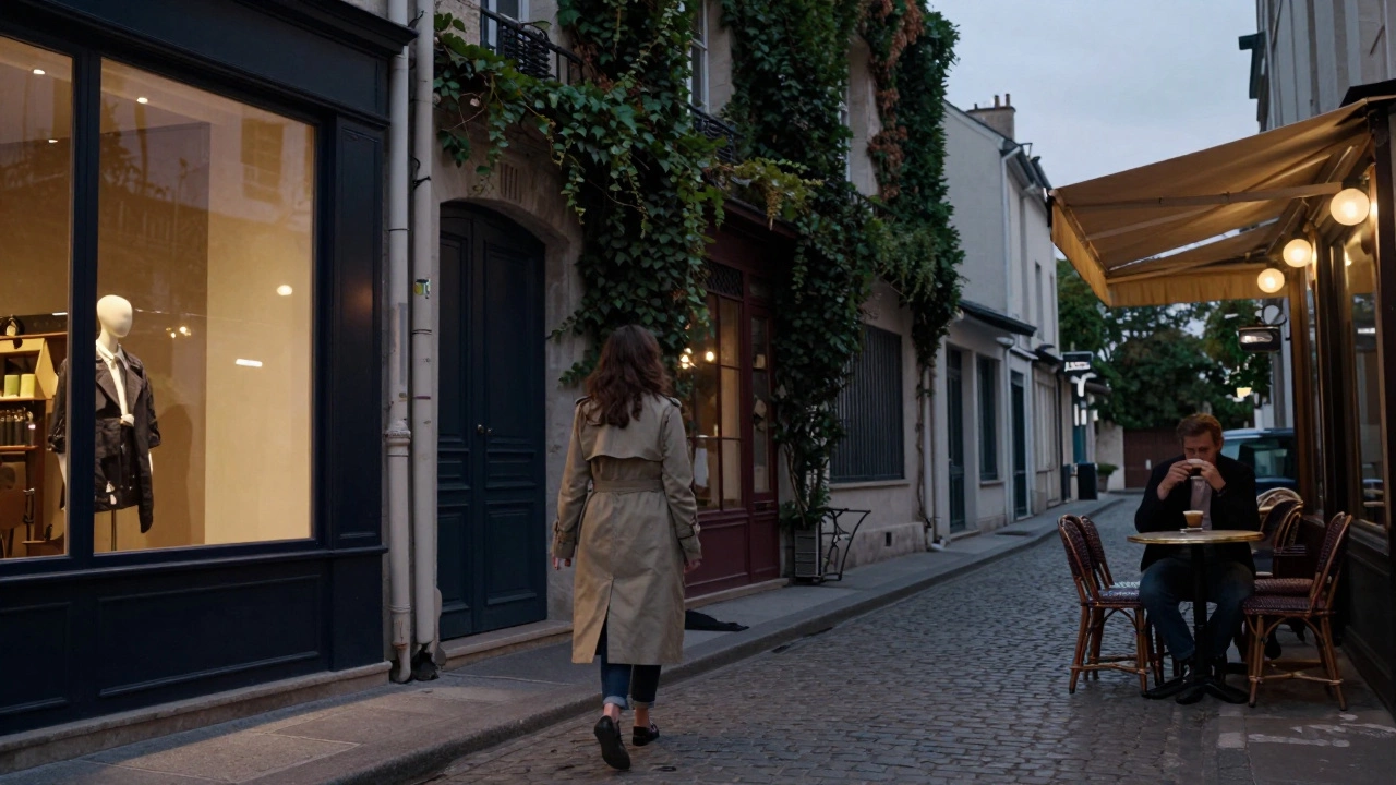 A woman walks alone at dusk in Montmartre, her reflection visible in a shop window under soft twilight light.